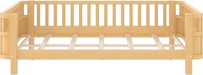 Bellemave Full Size Montessori Bed with Fence and Slats Full Size Low Platform Bed Frame with Detachable Side Bed Rails and Rounded Corner Design Easy Assemble Montessori Bed Natural