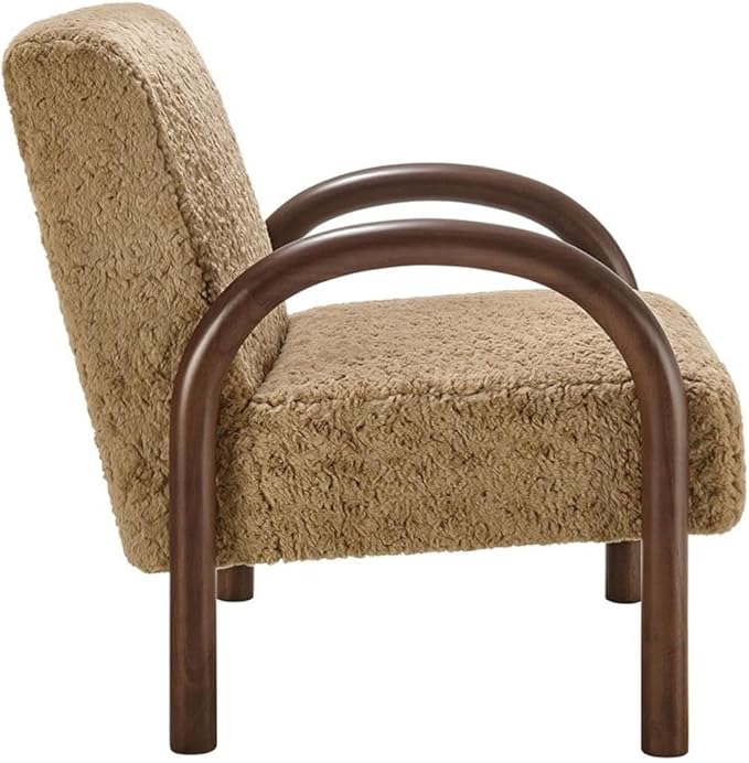 MAKLAINE Contemporary Faux Shearling Accent Armchair Sand Upholstery Solid Wood Frame Arched Armrests High Resiliency Foam Cushion Modern Design for Living Room or Bedroom