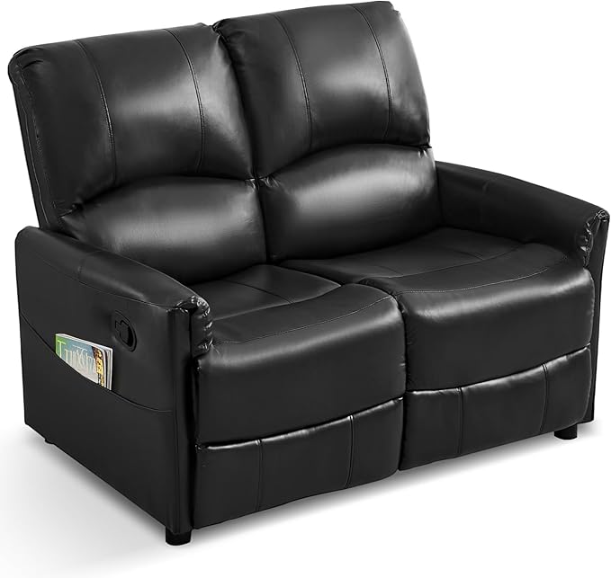 Manual Reclining Loveseat Sofa 2-Seater Recliner Couch with Overstuffed Backrest PU Leather Upholstered Double Recliner for Living Room RV Small Spaces Black