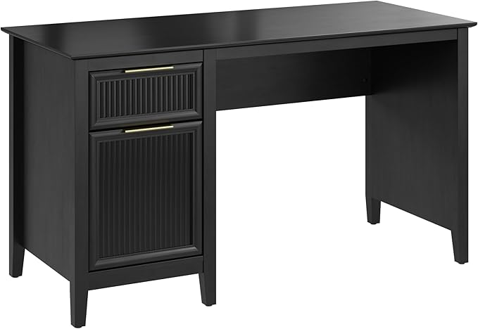 Bush Home 54-Inch Writing Desk with Storage Fluted Computer Study Laptop Table Workstation with Spacious Drawer and Door Storage Home Office Furniture Make Up Vanity Camille Collection Onyx Birch