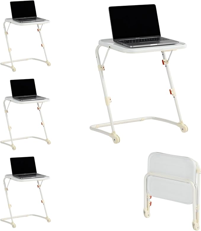 Homy Casa Adjustable Z Shaped Study Desk with Cup Holder Space Saving Portable Laptop Foldable Table for Home Office Living Room &amp Bedroom Sturdy Metal Frame &amp PP Top White