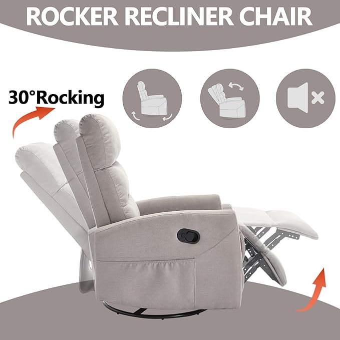 Slim Lazy Boy Recliners for for Adults Swivel Rocking Chair Recliner with High Back Small Recliner Chair for Small Spaces Manual Reclining Chair for Living Room Adjustable Footrest (Khaki)
