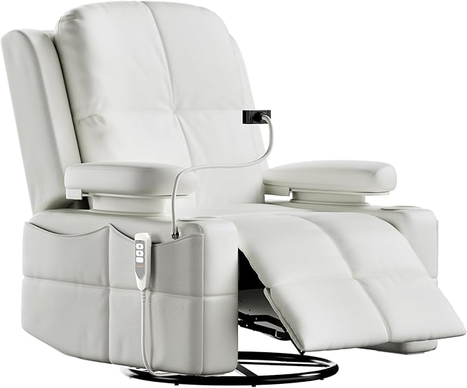 Triple Motor Power Swivel Rocker Recliner Chair with Adjustable Armrests for Adults Elderly FSC Certified Faux Leather Rocking Chair Nursery for Breastfeeding(White)