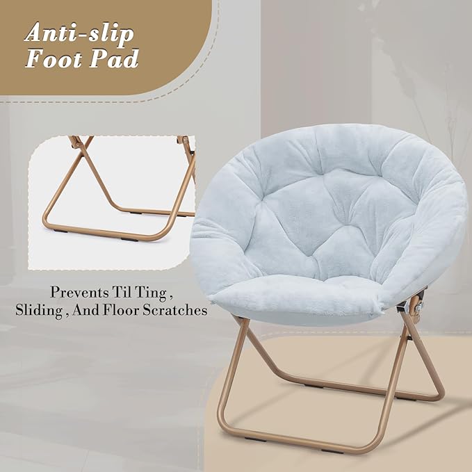 Athena Collection Round Saucer Chair with Ottoman Set of 2 for Adults Oversize Comfy Cozy Faux Fur Folding Reading Chair with Metal Leg Lazy Relaxing for Living Room Bedroom Dorm Apartment Blue
