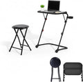 Homy Casa Folding Adjustable Laptop Table with Stool Set Portable Home Office Workstation Height Adjustable Standing Desk with Cup Holder Compact Computer Desk for Home Study &amp Small SpacesBl