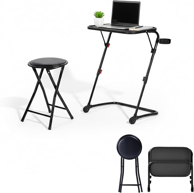 Homy Casa Folding Adjustable Laptop Table with Stool Set Portable Home Office Workstation Height Adjustable Standing Desk with Cup Holder Compact Computer Desk for Home Study &amp Small SpacesBl