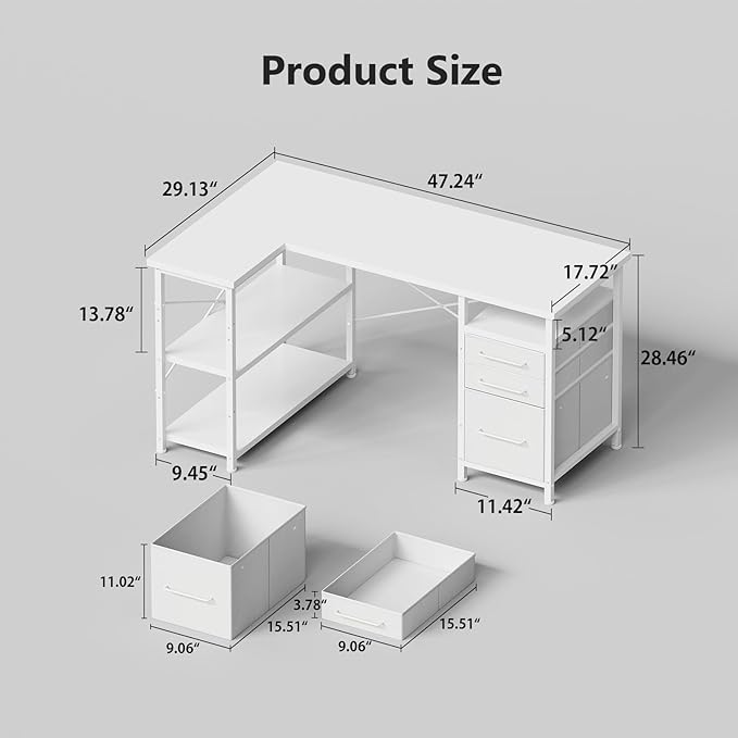 47 Computer Desk with Drawers Desks for Bedrooms Writing Desk with Storage Work Desk for Small Space White