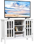 Tangkula White TV Stand Modern Tall Entertainment Center for TVs up to 50 Media Console w/2 Storage Cabinets &amp 3 Open Shelves Wire Hole Wood TV Console Table for Living Room White