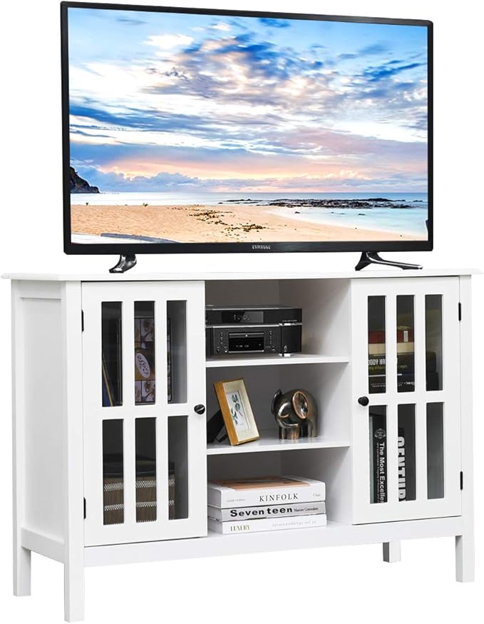 Tangkula White TV Stand Modern Tall Entertainment Center for TVs up to 50 Media Console w/2 Storage Cabinets &amp 3 Open Shelves Wire Hole Wood TV Console Table for Living Room White