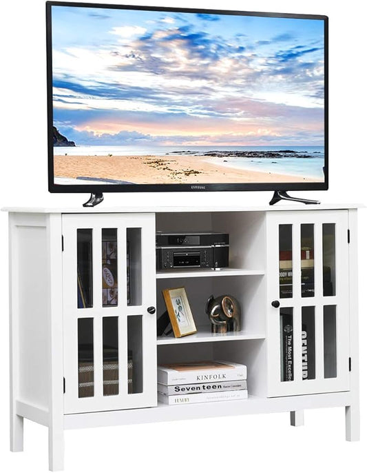 Tangkula White TV Stand Modern Tall Entertainment Center for TVs up to 50 Media Console w/2 Storage Cabinets &amp 3 Open Shelves Wire Hole Wood TV Console Table for Living Room White