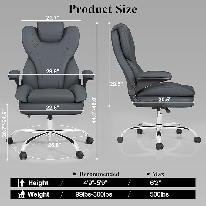 Office Desk Chair Executive Leather Office Chair High Back Ergonomic Home Desk Chair with Padded Flip-up Arms Big and Tall Computer Chair with Rocking Function 360°Swivel Free Gray