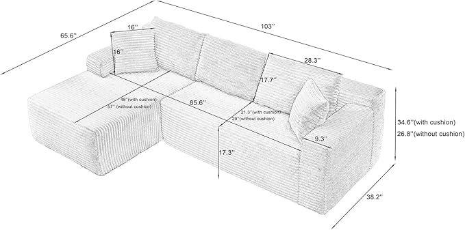 Cloud Sectional Couch Corduroy Modular Sectional Sofa with L-Shape Chaise Modern Boneless Couch Comfy Deep Seat for Living Room Bedroom No Assembly (Black Left Facing Chaise)