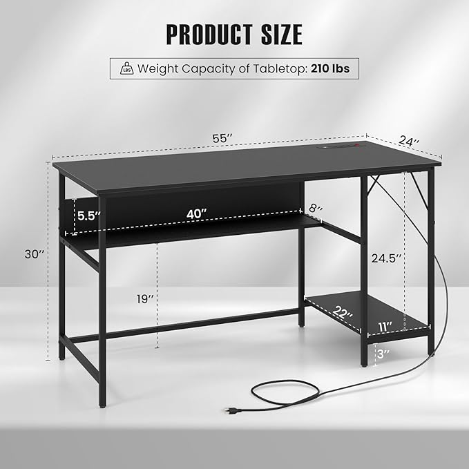 Tangkula 55 Inch Computer Desk with Power Outlets &amp USB Ports Home Office Desk with Built in Charging Station with Switch Computer Workstation Writing Study Desk with Storage Shelf &amp CPU Sta