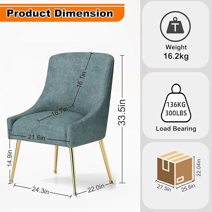 Dining Room Chair Faux Leather Vanity Chairs Set of 2 Mid-Century with Metal Legs Upholstered PU Leather Luxury Accent Chairs Living Room Restaurant(Navy)