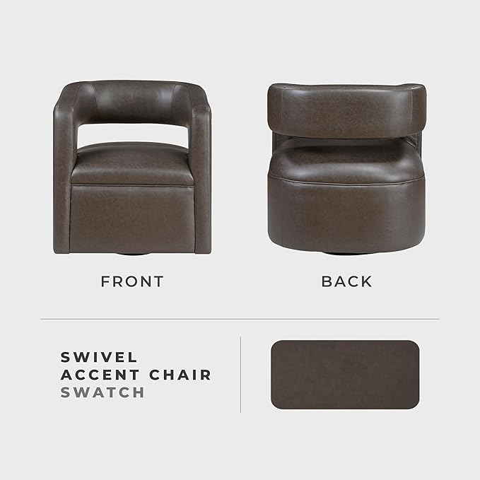 Lexicon 360 Degree Swivel Accent Chair Upholstered Modern Faux Leather Swivel Barrel Chair Attached Cushion Comfy Round Open Back for Living Room/Bedroom/Office/Apartment Assembled Dark Coffee