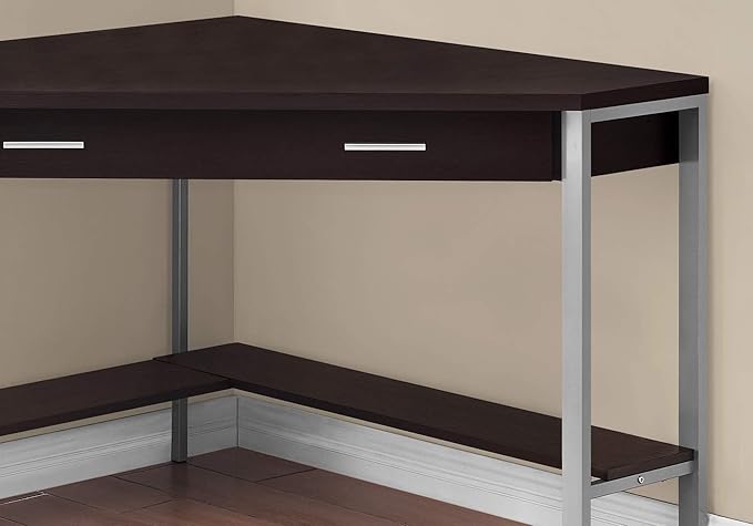 Pemberly Row Corner Computer Desk 42 L Particle Board and Metal Cappuccino and Silver Finish 1 Drawer with Shelf Traditional Style for Home Office or Apartment Workspace