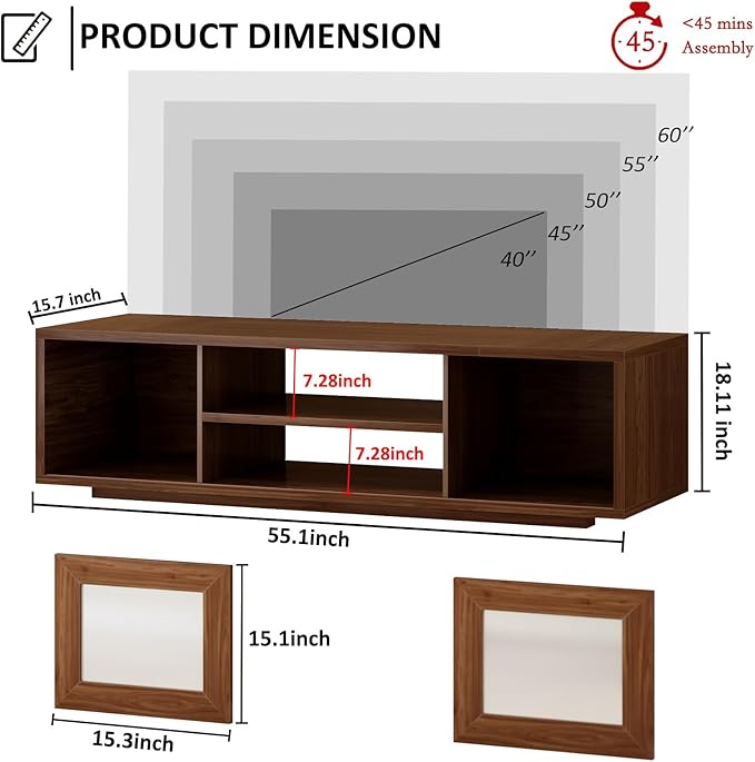 HSH Walnut TV Stand for 60 Inch TVsEntertainment Center with Storage and Sliding DoorsFarmhouse Low Tv Stand Wood for Living RoomMedia Console Cabinet for Bedroom55 Inch