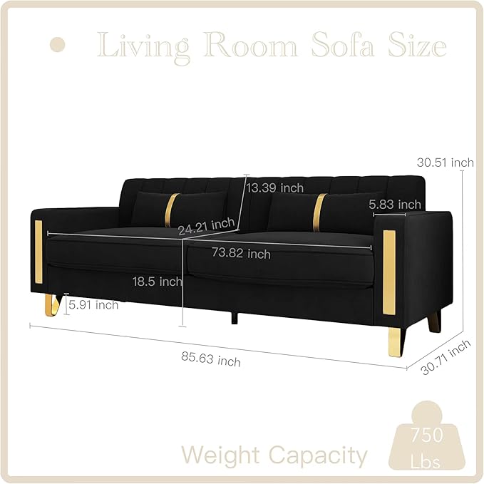 85.63 Modern Black Velvet Sofa with Gold Metal Legs Large Upholstered Comfy 3 Seater Couches for Living Room Bedroom Office (Black)