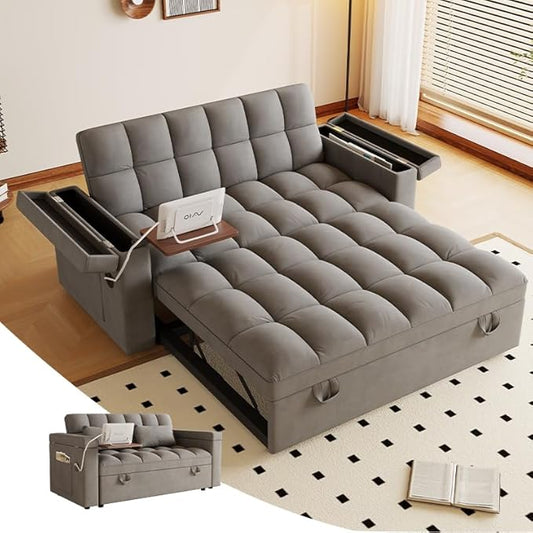 65 Convertible Sleeper Sofa Bed with Storage Modern Velvet Loveseat Pull-Out Couch with USB and Table Board Small Love Seat Lounge Sofa w/Adjustable Backrest Pillows Pockets for Living Room
