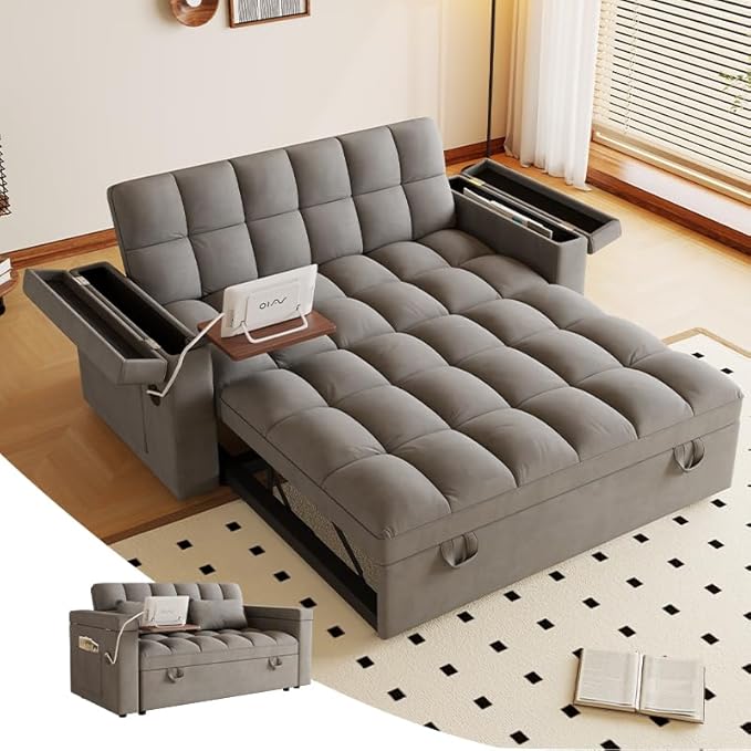 65 Convertible Sleeper Sofa Bed with Storage Modern Velvet Loveseat Pull-Out Couch with USB and Table Board Small Love Seat Lounge Sofa w/Adjustable Backrest Pillows Pockets for Living Room