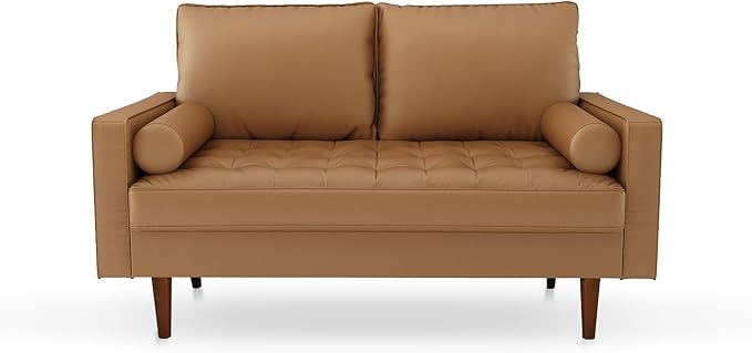 58 Loveseat SofaFaux Leather Couch with Thick Cushion and Wooden LegsLove Seat Sofa Couches for Living Room Bedroom Office Home Apartment Brown