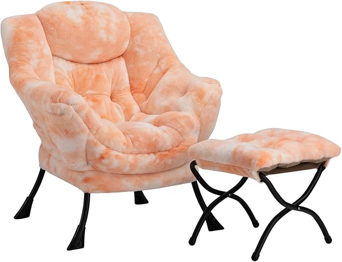 HollyHOME Lazy Chair with Foldable Ottoman Accent Comfy Lounge Armchair and Folding Footrest Stool Leisure Sofa Reading Chair and Footstool for Living Room Bedroom DormFaux Fur Peach
