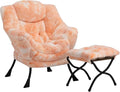 HollyHOME Lazy Chair with Foldable Ottoman Accent Comfy Lounge Armchair and Folding Footrest Stool Leisure Sofa Reading Chair and Footstool for Living Room Bedroom DormFaux Fur Peach