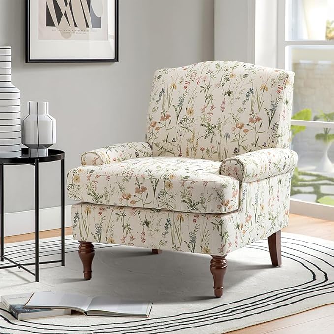 Vintage Floral Accent Chair with Solid Legs &amp Removable Cushion Comfy Upholstered Armchair Leisure Single Sofa Chair for Living Room/Bedroom Spring