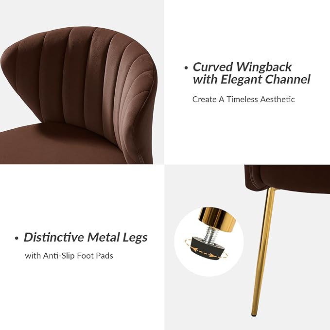 HULALA HOME Velvet Dining Chairs Modern Small Armless Accent Chair with Gold Metal Legs Living Room Upholstered Cute Side Chair Elegant Tufted Back Vanity Chair for Bedroom Auburn