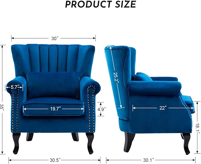 Accent Reading Arm Chairs Midcentury Modern Comfy Corner Sofa Chair Wingback Waiting Room Club Chair with Tufted Back for Living Room/Bedroom/Reception Room Velvet Blue
