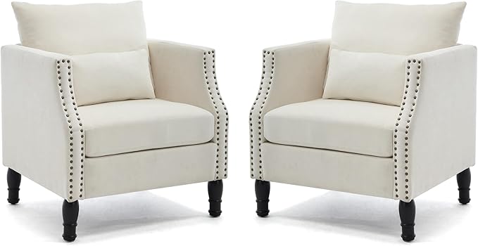 ABET Linen Accent Chairs Set of 2 Mid-Century Modern Reading Armchair with Removable Lumbar Pillow Upholstered Side Sofa Chair for Living Room Bedroom Beige