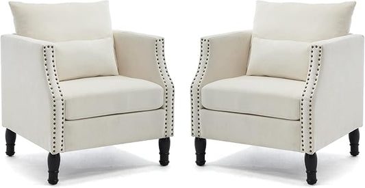 ABET Linen Accent Chairs Set of 2 Mid-Century Modern Reading Armchair with Removable Lumbar Pillow Upholstered Side Sofa Chair for Living Room Bedroom Beige