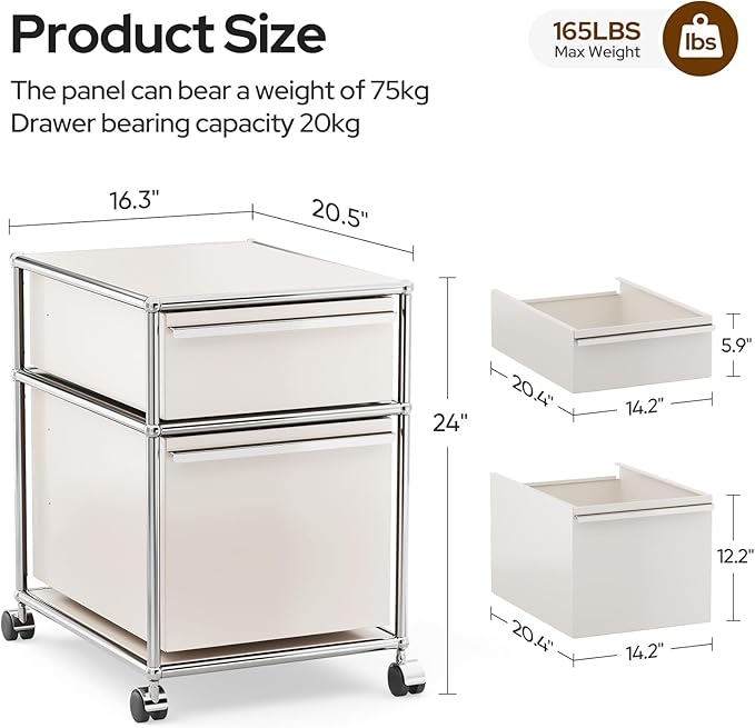 Steel Mobile File Cabinet for Office &amp Home with 360° Silent Wheels Smooth Drawer Slides Large Capacity Waterproof and Rust-Proof Stylish &amp Durable Storage Cabinet (2 Drawer White)