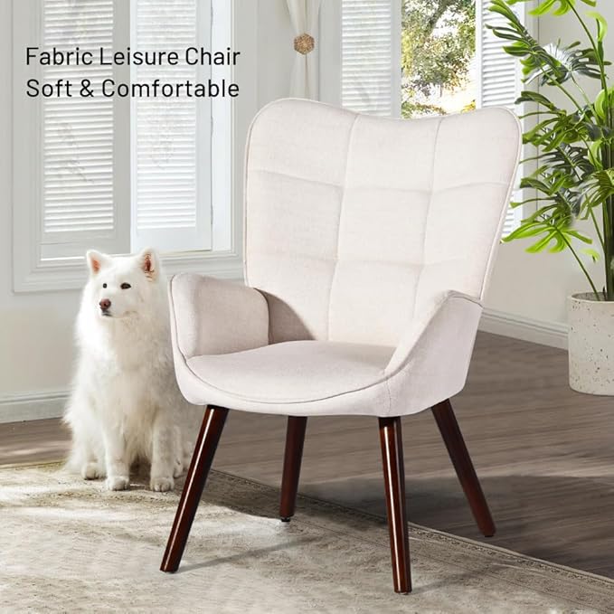 FurnitureR Tufted Wingback Accent Chair for Bedroom/Lounge Leisure Armchairs High Back Ergonomic Fabric Upholstered Living Room Chair Comfortable Stylish with Solid Wood Legs Beige/Walnut