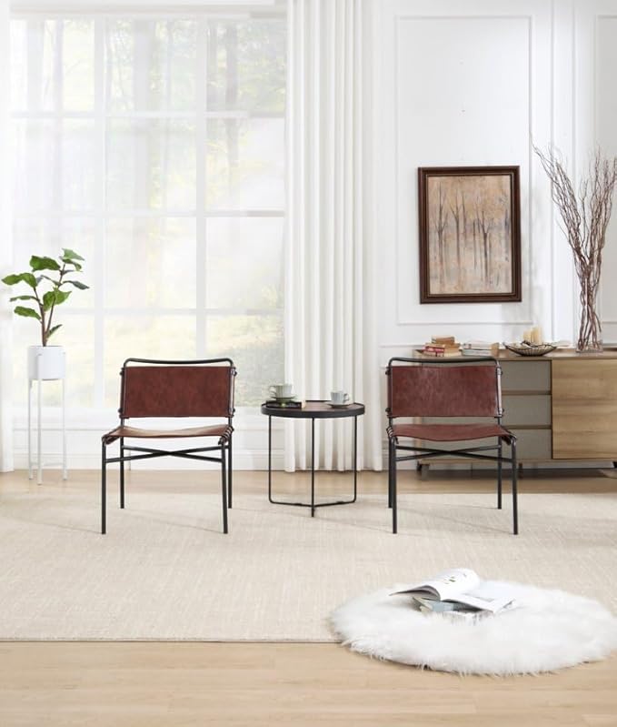 Accent Chairs Set of 4 - Mid-Century Modern Style Armless Lounge Chairs Sturdy Metal Frame Breathable and Comfortable Sling Chair for Living Room Bedroom and Small Spaces (Reddish Brown)