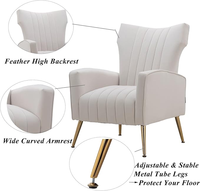 Artechworks Curved Tufted Accent Chair with Metal Gold Legs Velvet Upholstered Arm Club Leisure Modern Chair for Living Room Bedroom Patio White Cream