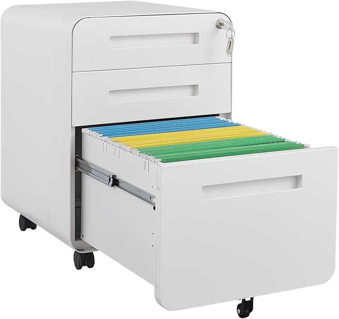 Office Pedestal File Cabinet: Lockable Compact Storage Solution for Home Office - Under Desk Cabinet with Removable Pencil Tray Hanging Bar and 5 Utility Wheels (White)