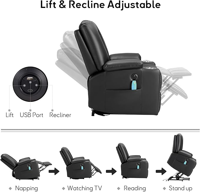 Bonzy Home Power Lift Chair with Heat and Massage Faux Leather Lift Recliner Chair for Adults Elderly Upholstered Recliner with 2 Cup Holders Side Pocket USB and Type-c Port Black