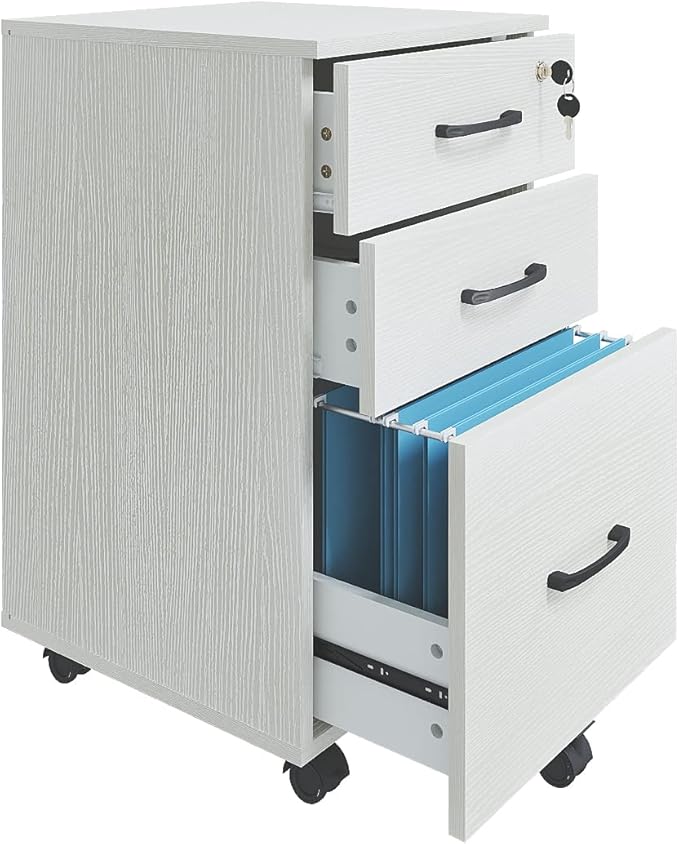 3 Drawers Wooden Locking File Cabinet with Storage Removable File Cabinet for Home OfficeUnder Desk Filing Cabinets(White)