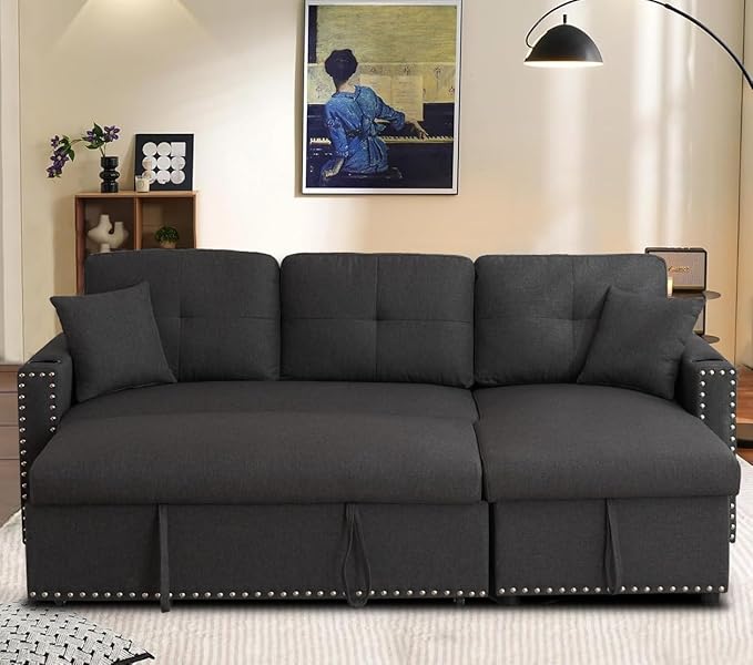 asunflower Small Sleeper Sofa with Pull Out Couch 83 Convertible Sofa Bed with Storage L-Shaped Sectional Sleeper with Cup Holders 3-Seater Couch Bed for Small Spaces Bedroom Offices Dark Grey