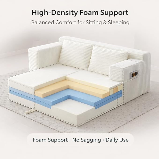 73INCH 2 in 1 Convertible Folding Couch Bed Corduroy Sleeper Sofa with Pull-Out Bed No Assembly Floor Sofa for Living Room Apartment &amp Small Spaces (Beige)