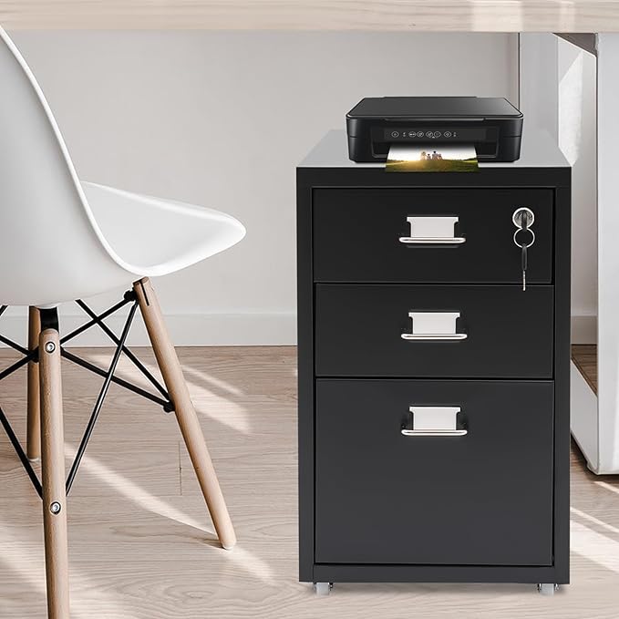 File Cabinet 3 Drawer Mobile Metal Storage Cabinets with Lock and Wheels Vertical Filing Cabinet Under Desk Document Classification Organizer for Office Home Study Dresser (Black)