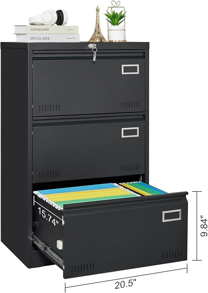 Metal Lateral File Cabinet with 3 Drawers Office Filing Storage Locking Cabinet for Home Office Heavy Duty Office Storage Cabinet for Legal/Letter/A4/F4 Size (Require Assembly) (Black)