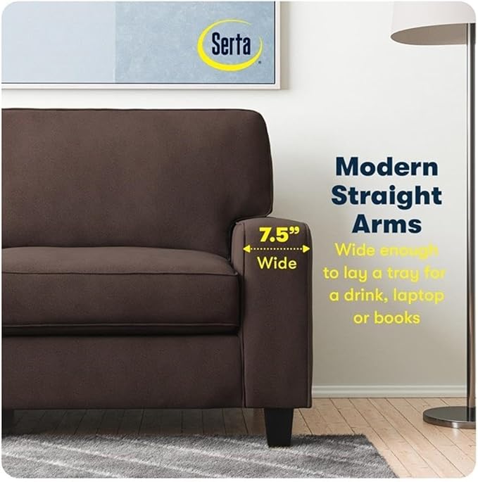 Pemberly Row 73 Track Arm Sofa Removable Covers Dark Brown Polyester Upholstery Compact Design Solid Wood Frame Modern Style Comfortable Seating Ideal for Apartment Living Room Home Office