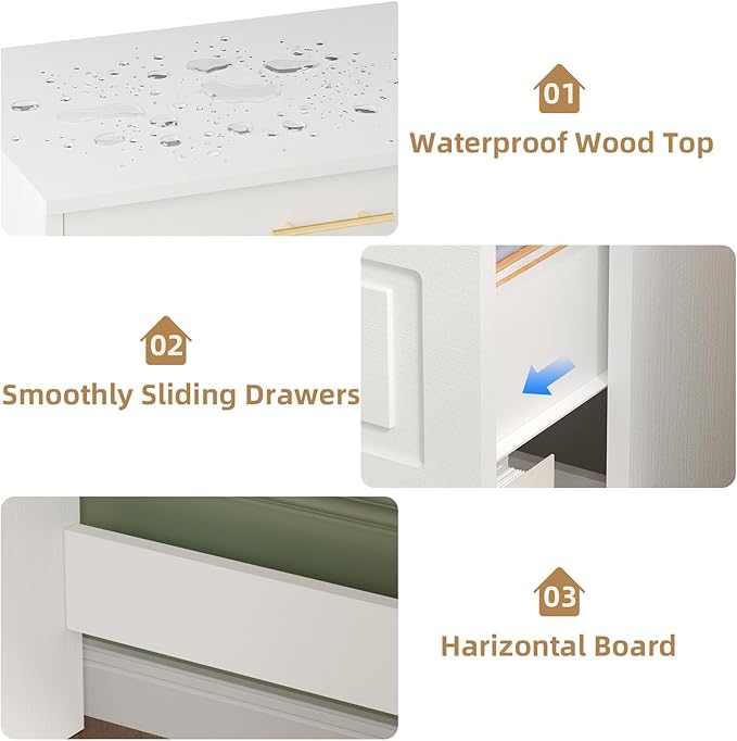 4 EVER WINNER White Desk with Drawers 44 Inch Computer Desk with Storage and Golden Handle Writing Desk Sturdy Table for Home Office White and Gold Desk