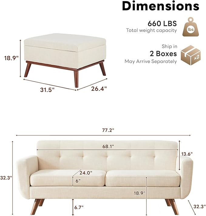 Tbfit Mid Century Modern Sofa Loveseat Couch Beige Standard Sofa &amp Ottoman | linen fabric button tufted solid wood foot pocket spring wood slats frame
