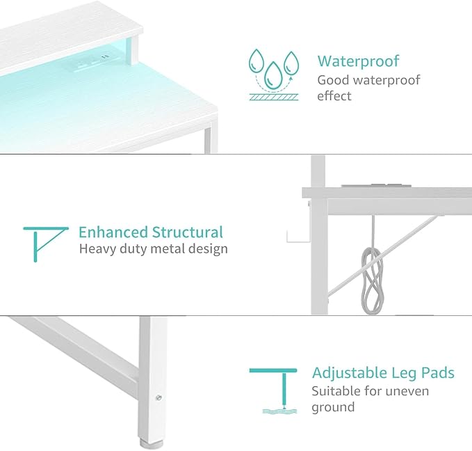 Lufeiya Small White Desk with LED Lights and Power Outlets 32 Inch Home Office Computer Desks with Monitor Stand Teen Writing Study Table Gaming Desk with Charging Station White