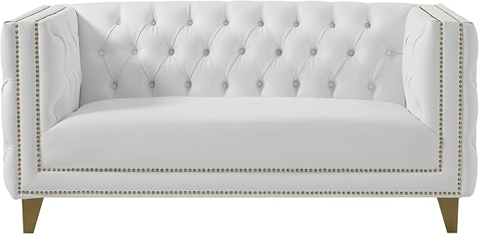 Meridian Furniture 651White-L Michelle Collection Modern | Contemporary Loveseat with Deep Button Tufting Gold Nailhead Trim and Sturdy Gold Iron Legs White Vegan Leather 66 W x 34 D x 30 H