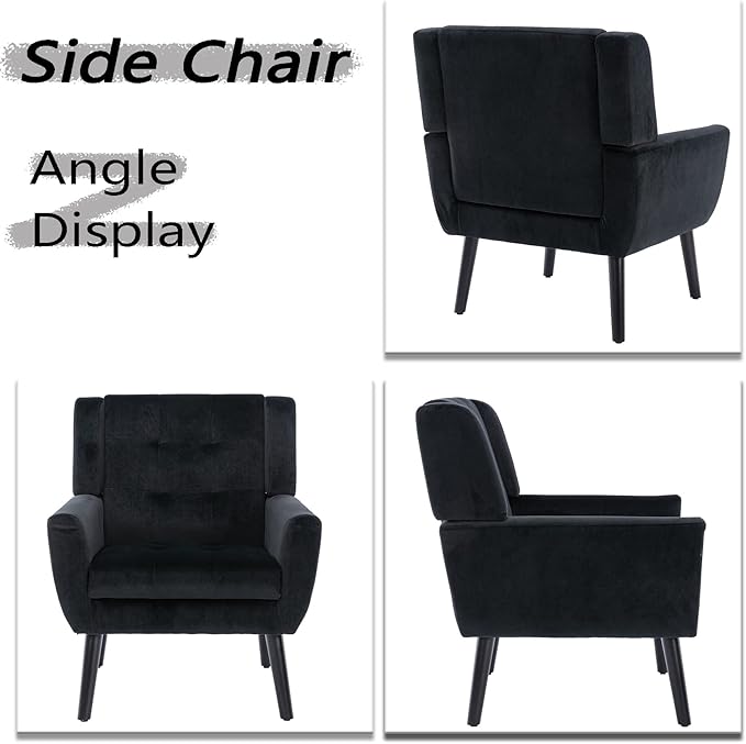 Dolonm Midcentury Modern Velvet Accent Chair with Arms Upholstered Reading Side Chair Tufted Back Decorative Wingback Chair for Living Room Bedroom (Black)