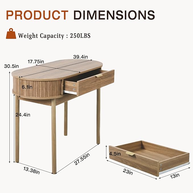 Oval Wood Desk with Drawer39.37 Inch Small Study Work Writing Desk Computer Gaming TableStudent PC Storage MDF Desk for Home Office Bedroom Living Room(Brown)